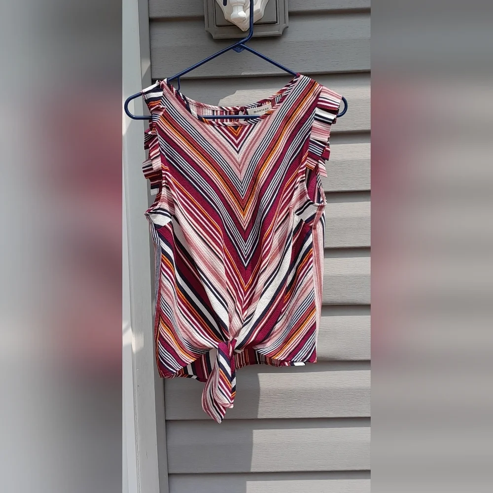 Monteau Los Angelas Ruffled Stripped Sleeveless Tie Front Large Blouse - Picture 1 of 4